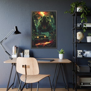 May include: A digital illustration of a green Tyrannosaurus Rex dinosaur roaring with its mouth open, standing in a dark green forest with a green Jeep driving towards it. The Jeep is on fire and the dinosaur is illuminated by the flames.