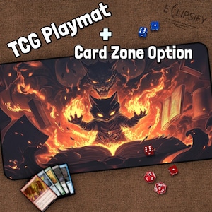 Tapis de jeu TCG sorcier chat, tapis de jeu MTG feu avec zones, tapis de jeu démon, chat sorcier magique, fantaisie, cadeaux pour les joueurs, jeu de société
