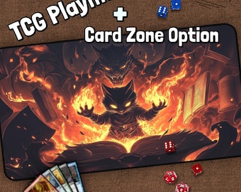 Cat Sorcerer TCG Playmat, Fire MTG Play Mat With Zones, Demon Playmat, Magic Wizard Cat, Fantasy, Gifts for Gamers, Board Game