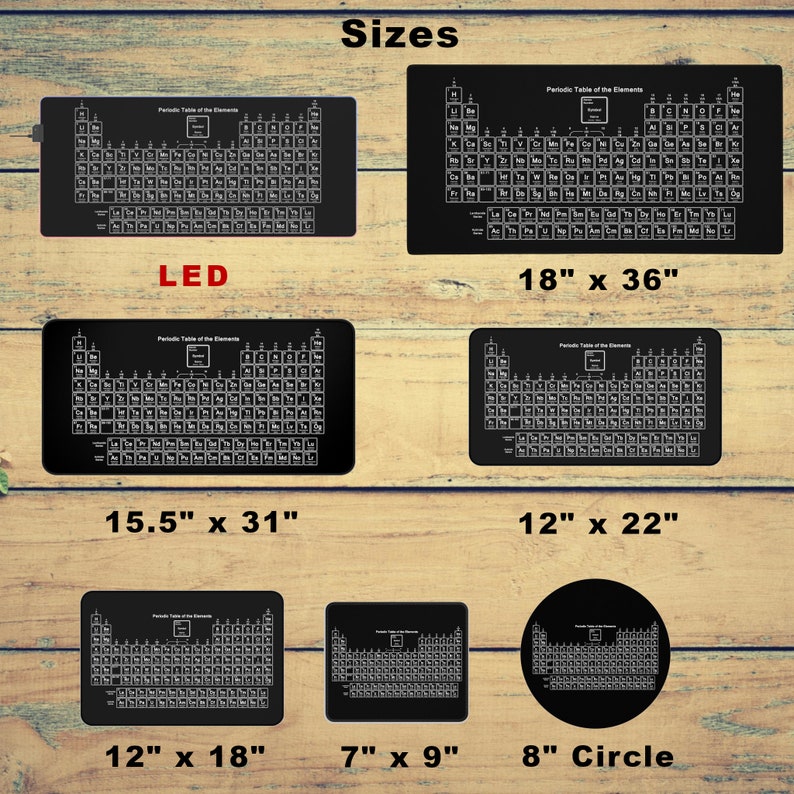 Op de afbeelding: Een zwart-wit periodiek systeem van elementen, gedrukt op een zwarte achtergrond. De tabel is verkrijgbaar in verschillende maten, waaronder 18 inch bij 36 inch, 15,5 inch bij 31 inch, 12 inch bij 22 inch, 12 inch bij 18 inch, 7 inch bij 9 inch en 8 inch in diameter. De tabel is ook verkrijgbaar met LED-verlichting.