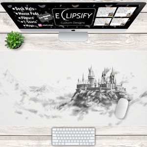 Wizard Castle Mouse Pad, Wizard Castle Black Desk Mat, Drawing, Magic, Black and White, Sketch, White Desk Mat, Gaming Mouse Pad, Gamer