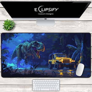 Pixel Art Jurassic Dinosaur Mouse Pad, Dinosaur, T Rex, Jurassic Desk Mat, TCG Play Mat, MTG Mat, Gaming Mouse Pad, Desk Pad, Fantasy