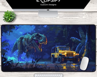 Pixel Art Jurassic Dinosaur Mouse Pad, Dinosaur, T Rex, Jurassic Desk Mat, TCG Play Mat, MTG Mat, Gaming Mouse Pad, Desk Pad, Fantasy