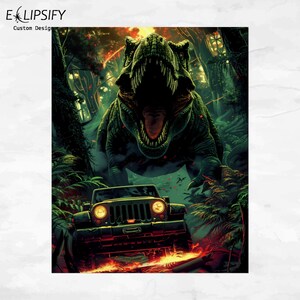 May include: A green Tyrannosaurus Rex dinosaur with a large mouth and sharp teeth stands in a jungle setting. A black Jeep is driving towards the dinosaur, with flames on the ground in front of the vehicle.