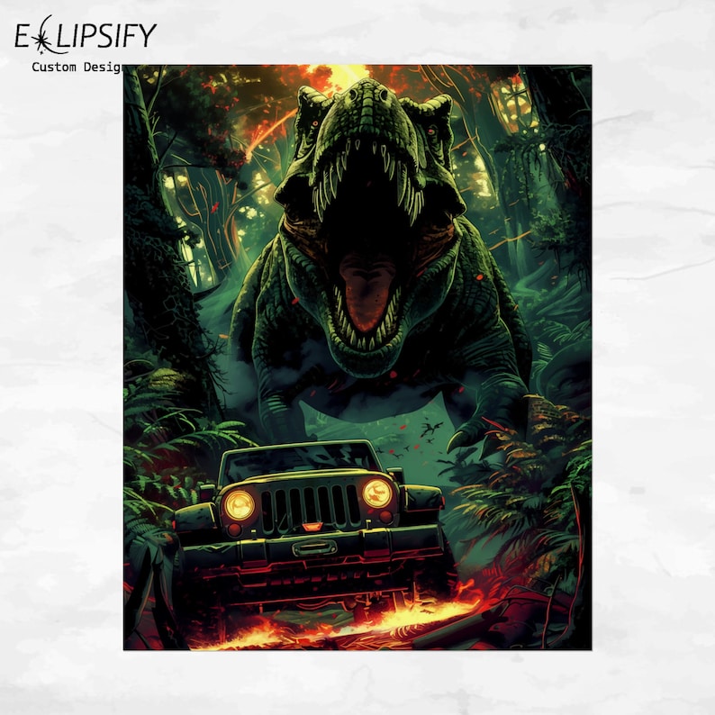 May include: A green Tyrannosaurus Rex dinosaur with a large mouth and sharp teeth stands in a jungle setting. A black Jeep is driving towards the dinosaur, with flames on the ground in front of the vehicle.