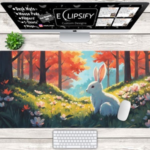 Hasen Maus Pad, Hasen Schreibtischmatte, Hase Maus Pad, Hase Schreibtischmatte, Blumen Schreibtischmatte, Wald, süßes Häschen, Gaming Maus Pad, Gaming Schreibtischmatte