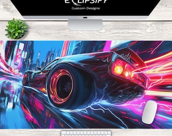May include: A black sports car with glowing red and blue lights speeds through a city at night. The car is surrounded by neon lights and streaks of light. The image is a digital illustration.