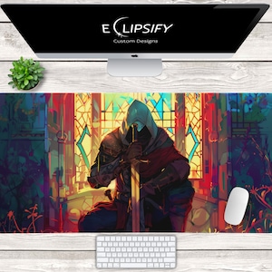 Assassin Desk Mat, Assassins Mouse Pad, Video Game, Gaming Mouse Pad, Gamer Desk Mat, Assassin Hood, Stained Glass, Colorful, Sword