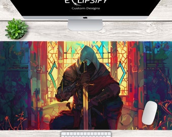 Assassin Desk Mat, Assassins Mouse Pad, Video Game, Gaming Mouse Pad, Gamer Desk Mat, Assassin Hood, Stained Glass, Colorful, Sword