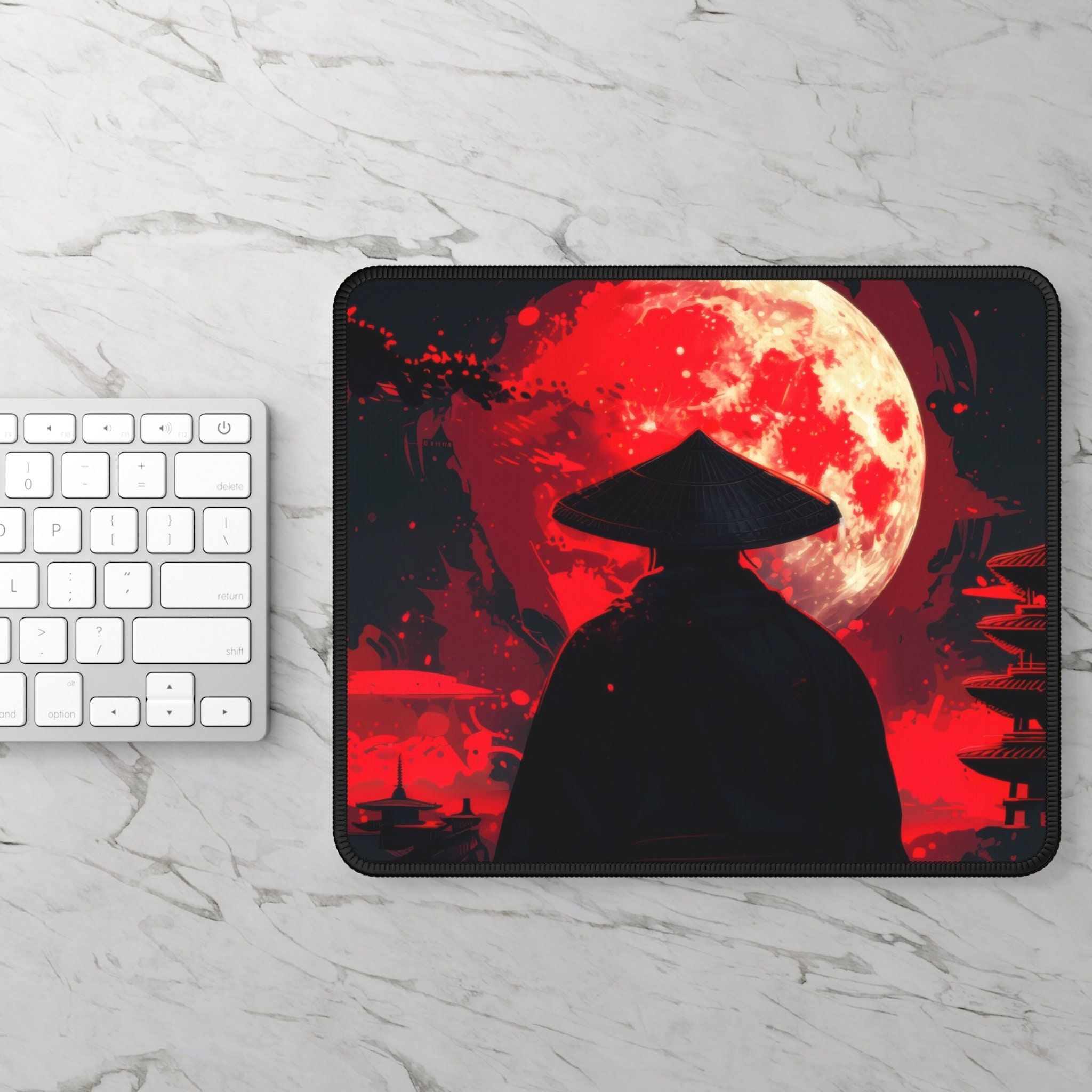 Red Moon Japanese Samurai Desk Mat, Japanese Desk Mat, Mousepad