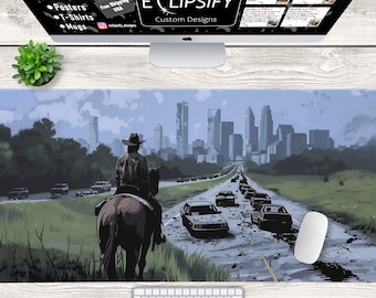 Zombie City Desk Mat, Zombie, Apocalypse Desk Mat, Cowboy Horse, Sheriff Horse, Landscape Pad, Walking, Last, Dead, Day, Gaming Mouse Pad,