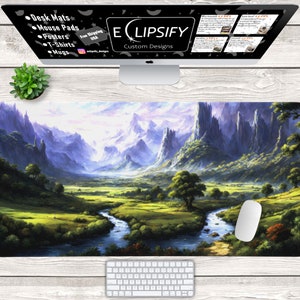 May include: A custom designed mouse pad featuring a scenic landscape with a river flowing through a valley surrounded by mountains. The mouse pad is available for purchase from ECLIPSIFY Custom Designs.