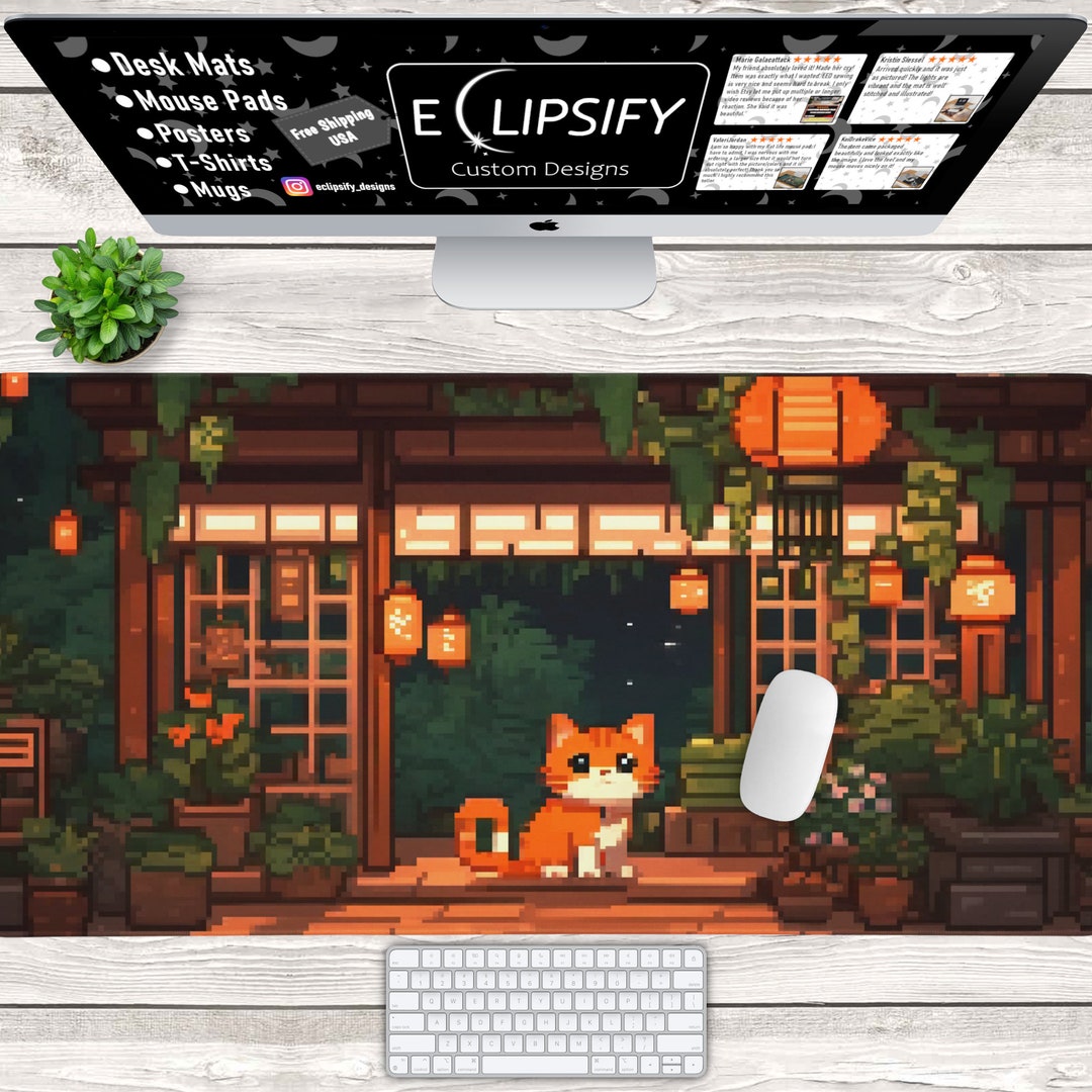 Japanese Cat Mouse Pad, Pixel Art Cat Desk Mat, Kawaii Cat Pixel Art ...