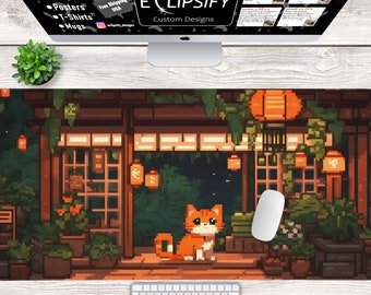 Japanese Cat Mouse Pad, Pixel Art Cat Desk Mat, Kawaii Cat Pixel Art, Cute Desk Mat, Gamer Mouse Pad, Gamer Desk Mat