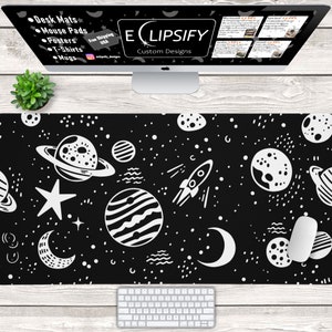 Minimalistische Weltraum Planeten und Monde schwarze Schreibtischmatte, süße Wolke Schreibtischmatte, Gaming Mauspad, schwarzes Mousepad, Gamer Schreibtischmatte Schreibtischdekoration