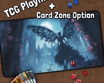 Vampire Girl TCG Playmat | Dark Fantasy Winged Woman | Moon & Red Roses Card Game Mat | Gothic Tabletop Gaming Mat