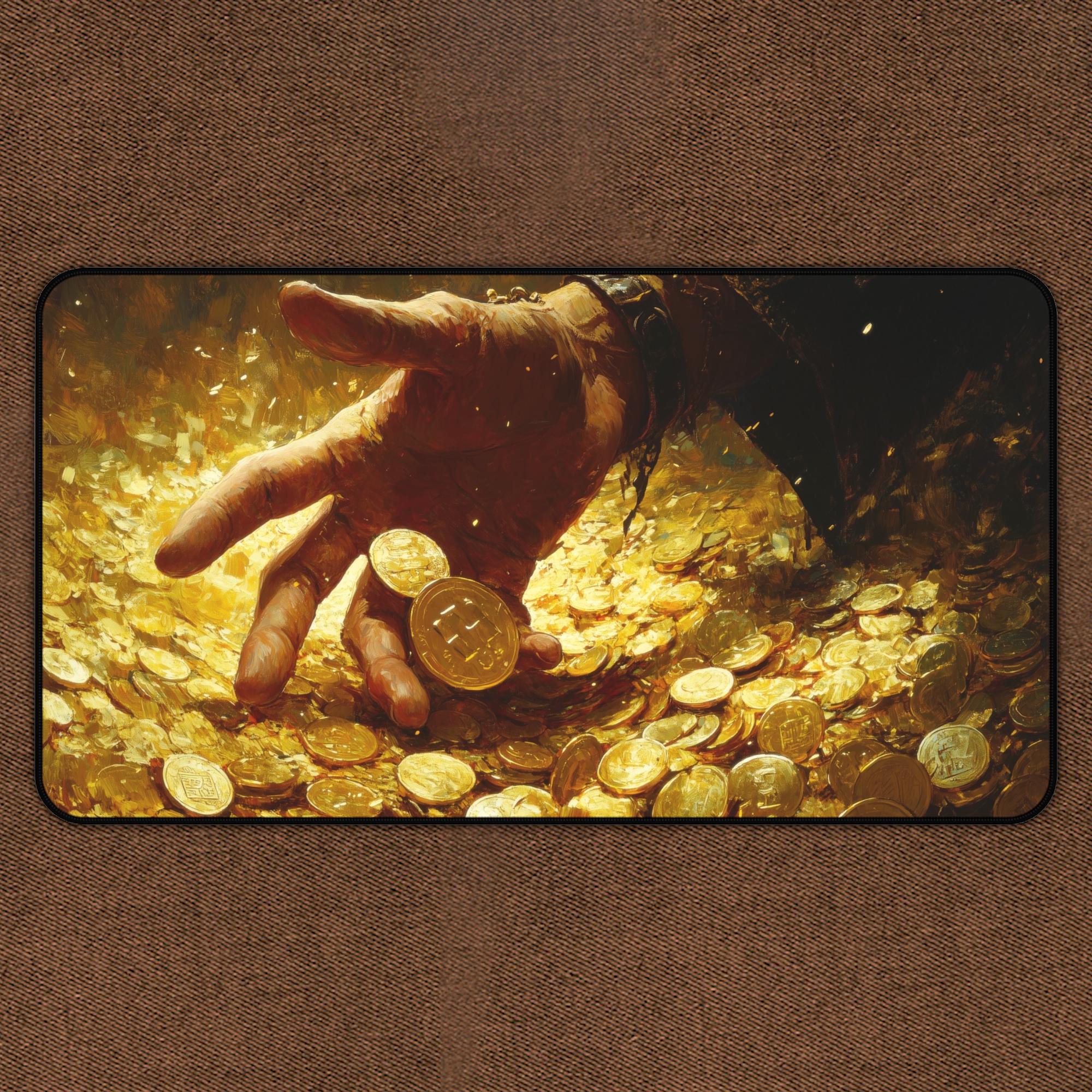 Gold Treasure TCG Playmat, Fantasy MTG Play Mat With Zones, Yellow