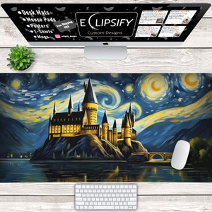 Wizard Castle Black Desk Mat, Wizard Castle Mouse Pad, Starry Night, Magic, Blue Mouse Pad, Blue Desk Mat, Gaming Mouse Pad, Gamer Desk Mat