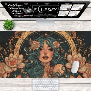 Celestial Witchy Desk Mat, Moon Cute Girl, Gaming Mouse Pad, Moon Phases, Astrology, Dark Academia, Gold, Blue, Nouveau Girl, Lotus Crown