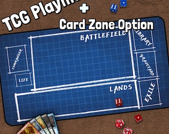 May include: Blue and white TCG playmat with a grid pattern and labelled zones for Commander, Life, Battlefield, Library, Graveyard, Lands, and Exile. The playmat includes dice and cards.