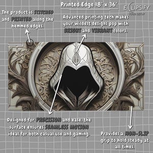 Assassin Hoody Schreibtischmatte, Assassin Hood, Assassin Hood, Videospiel, Gaming Mauspad, Schreibtischmatte, Assassin Hood, Creed Printed Edge 18"x36"