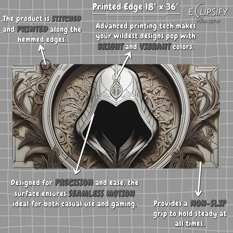 Assassin Hoody Schreibtischmatte, Assassin Hood, Assassin Hood, Videospiel, Gaming Mauspad, Schreibtischmatte, Assassin Hood, Creed Printed Edge 18"x36"
