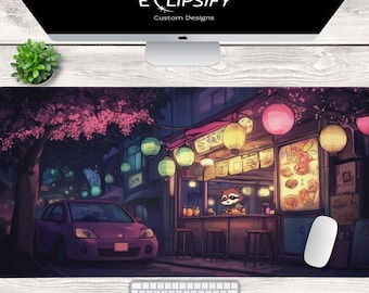 Schattige rode panda-bureaumat, Japanse winkel, ramenwinkel, kawaii rode panda-muismat, Lofi City, gamercadeau, gaming-bureaumat, gamingmuismat