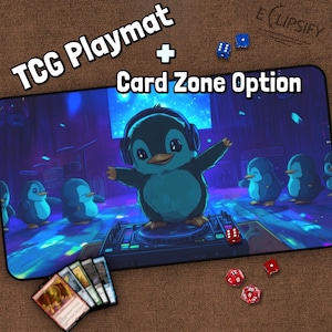 Disco Pinguin TKG Playmat, DJ Pinguin, Blau, süße MTG Spielmatte mit Bereiche, süße Pinguin Playmat, Geschenke für Gamer, Brettspiel