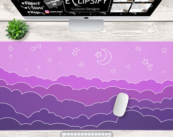 Kawaii Mouse Pad, Purple Desk Mat, Cosy Gaming Mouse Pad, Lofi Deskpad, Doodle Themed Laptop Mat, Cute Desk Accessories, Kawaii Desk Decor