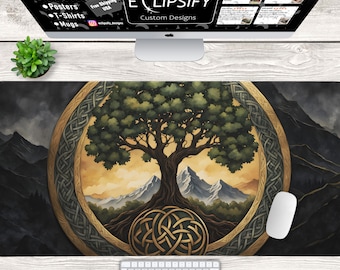 Celtic Tree Desk Mat, Celtic Tree Mouse Pad, Green Mousepad, Green Desk Mat, Minimalist, tree of life, Gaming Mouse Pad, Gaming Desk Mat