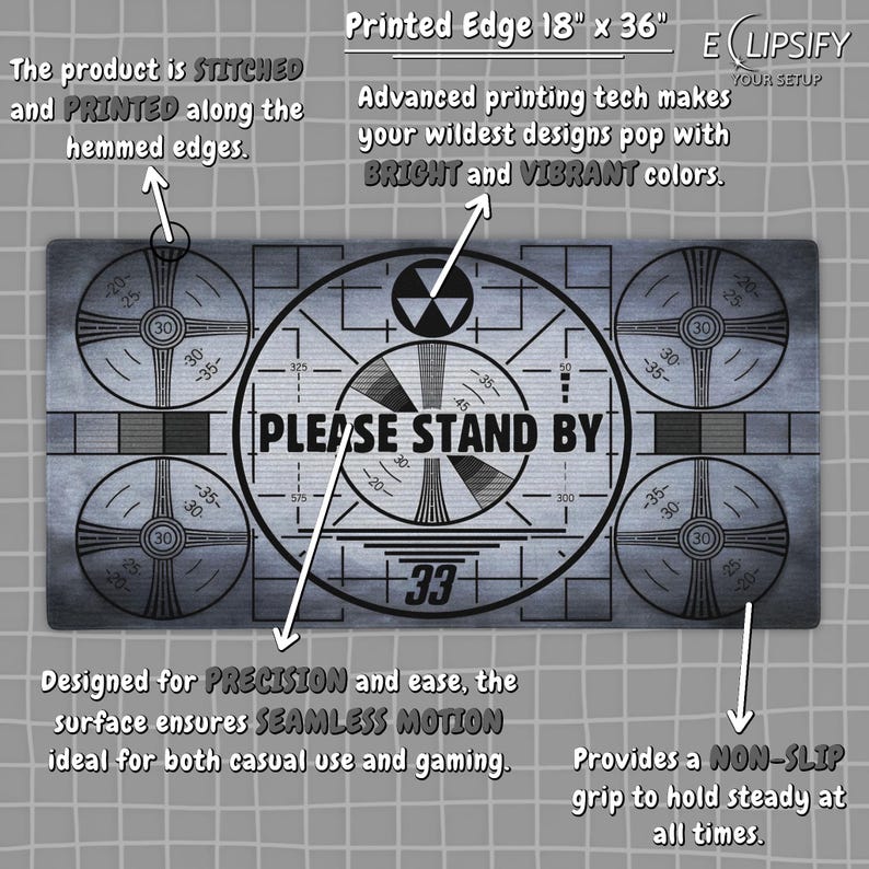 Nuclear Fall Out Mouse Pad, Nuclear Fall Out Desk Mat, Please Stand By, Gaming Desk Mat, Custom Desk Mat, Post Apocalyptic, Gamer Mousepad Printed Edge 18"x36"