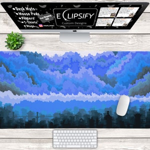 Cyberpunk Pixel Art Mouse Pad, Minimalist Desk Mat, Pixel Art Mouse Pad, Blue Desk Mat, City Desk Mat, Gaming Mouse Pad, Gaming Desk Mat