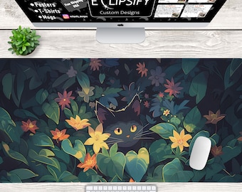 Alfombrilla de escritorio con diseño de gato negro, alfombrilla de ratón kawaii con diseño de gato negro, plantas y naturaleza, alfombrilla de escritorio con diseño de gato, decoración de escritorio, alfombrilla de ratón para juegos, alfombrilla de juego kawaii