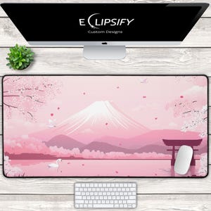Mousepad japonês kawaii, tapete de mesa com flor de cerejeira do Monte Fuji, floral rosa fofo, decoração de mesa para garota gamer, mouse pad para garota gamer, mousepad gamer