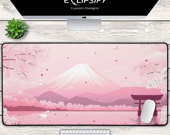 Kawaii Japanese mousepad, Mount Fuji Cherry Blossom Desk Mat, Cute Pink Floral, Gamer Girl Desk Decor, Gamer Girl Mouse Pad, Gaming mousepad