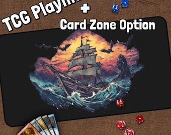 Pirate Ship Black TCG Playmat, Pirate Ship, Pirate MTG Play Mat With Zones, Comic Playmat, Gifts for Gamers, Board Game