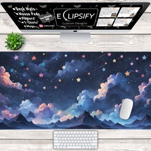Night Sky Mouse Pad ,Starry Night Sky Desk Mat, Stars Mouse Pad, Lofi, Kawaii, Shooting Star, Blue, Gaming Mouse Pad, Gaming Desk Mat