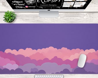 Alfombrilla de ratón con nubes moradas, alfombrilla de escritorio morada, alfombrilla de ratón kawaii, alfombrilla de escritorio con cielo, alfombrilla de ratón estética, decoración de escritorio bonita, alfombrilla de escritorio con nubes.
