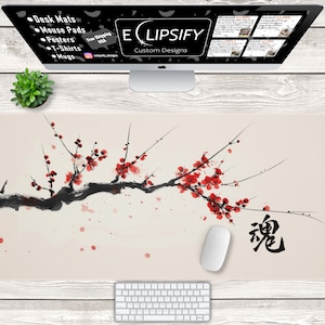 Kirschblüte Tamashii Kanji - Soul, Japanischer Minimalist Maus Pad, Japaner, Tintentropfen, Minimalistische Schreibtischmatte Gaming Maus Pad, Gamer Geschenk