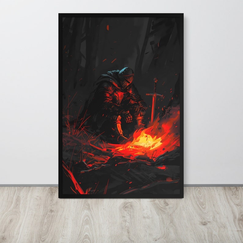 May include: A dark, shadowy figure in black armor sits by a roaring fire in a forest setting. The figure's face is obscured by a helmet, and a sword is propped against a tree nearby.