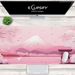 Kawaii Japanse muismat, Mount Fuji Cherry Blossom bureaumat, schattige roze bloemen, gamer meisje bureau decor, gamer meisje muismat, gaming muismat