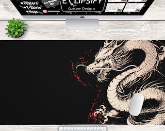 Oriental Japanese Dragon Desk Mat, Gaming Mouse Pad, Dragon Mousepad, Black and White, Japanese Mouse Pad, Gamer Gift , mtg play mat
