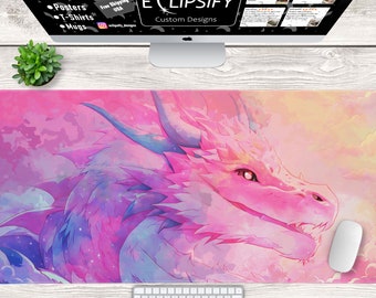 Anime Pink Dragon Desk Mat, Pink, Cute, Anime Mouse Pad, Dragon Desk Mat, Kawaii Mouse Pad, Gaming Mouse Pad, Gaming Desk Mat