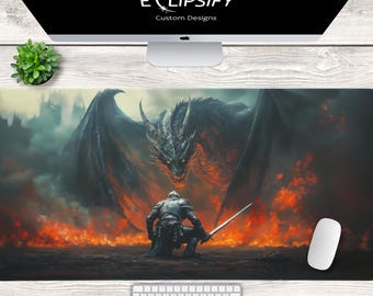 May include: A large rectangular mouse pad featuring a fantasy scene of a knight facing a dragon amidst flames. The dragon is black with red eyes. The mouse pad has the text "ELIPSIFY Custom Designs" at the top.