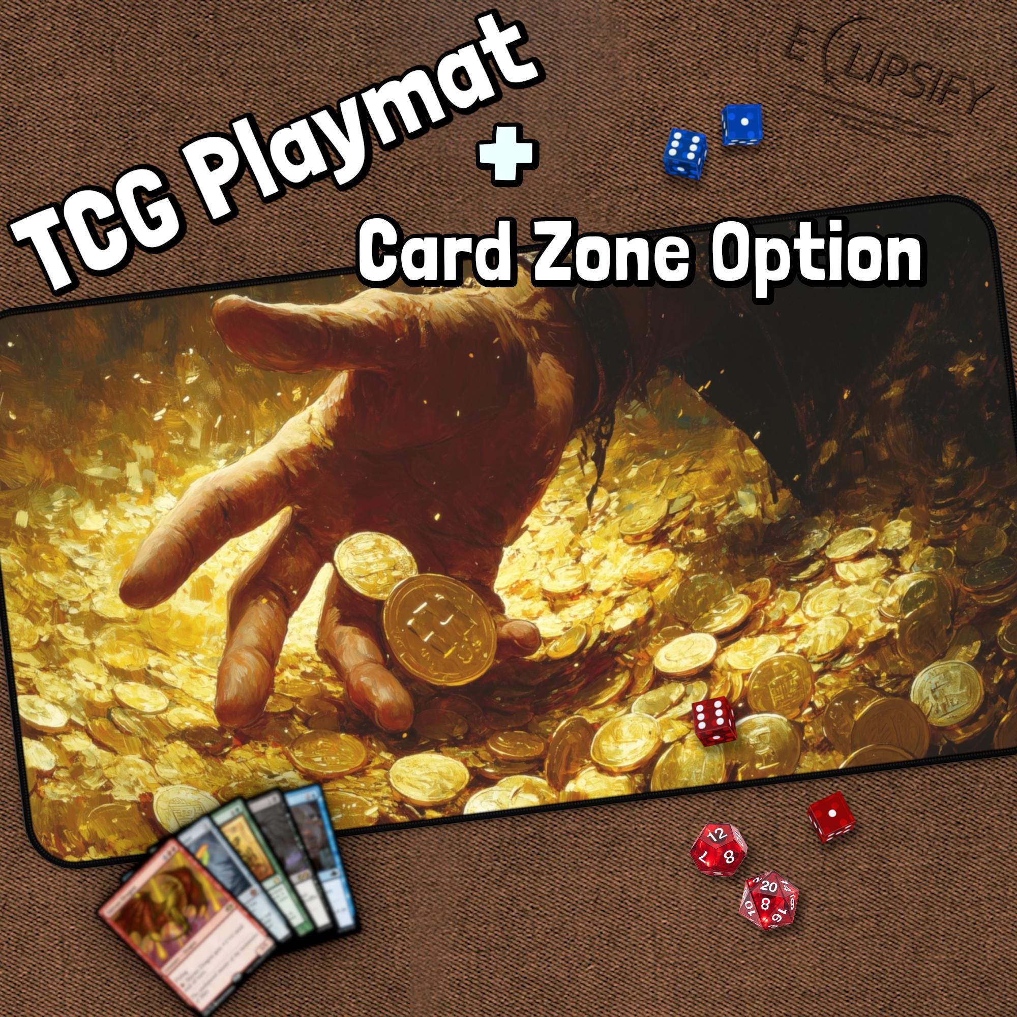 Gold Treasure TCG Playmat, Fantasy MTG Play Mat With Zones, Yellow
