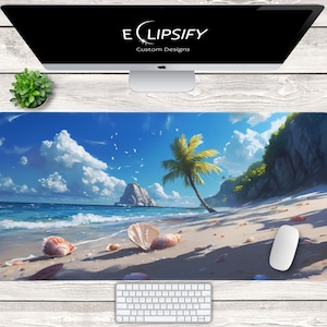 Puede incluir: Una escena de playa con una palmera, una isla rocosa y conchas en la arena. El cielo es azul con nubes blancas. La imagen es una ilustración digital.