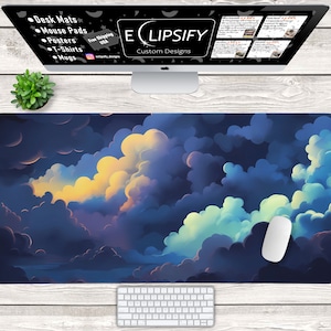 Blue Clouds Mouse Pad, Blue Desk Mat, Kawaii Mouse Pad, Sky Desk Pad, Aesthetic Mousepad, Cute Desk Decor, Clouds Deskmat,