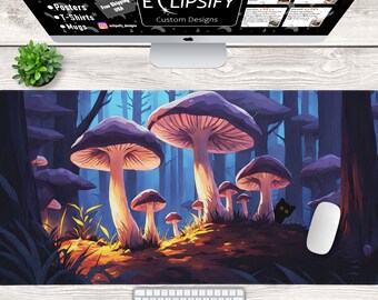 Dark Cottagecore Kawaii Black Cat Desk Mat, Witchy Mushroom Gaming Mousepad, Forest Extended Mousepad, Gamer desk