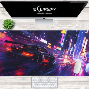 May include: A black sports car speeding through a neon-lit city at night. The car has red taillights and a spoiler. The city is filled with tall buildings and bright lights. The image is a digital illustration.