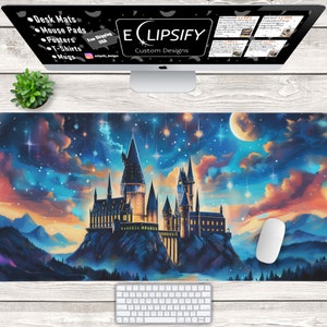 Wizard Castle Desk Mat, Wizard Castle Mouse Pad, Magical Castle, Blue, Pastel, Shooting Stars, Bright Moon, Gaming Mouse Pad, Desk Mat